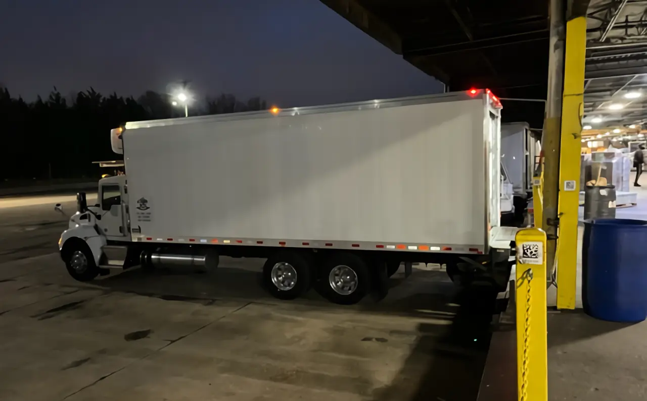 A large white truck parked in the parking lot.